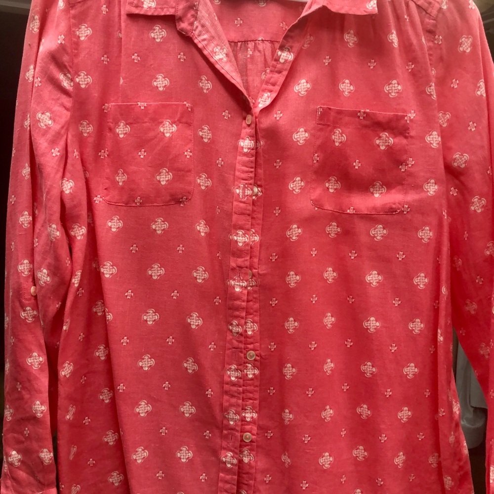 Charter Club Pink/White Printed Linen Button-Front Blouse